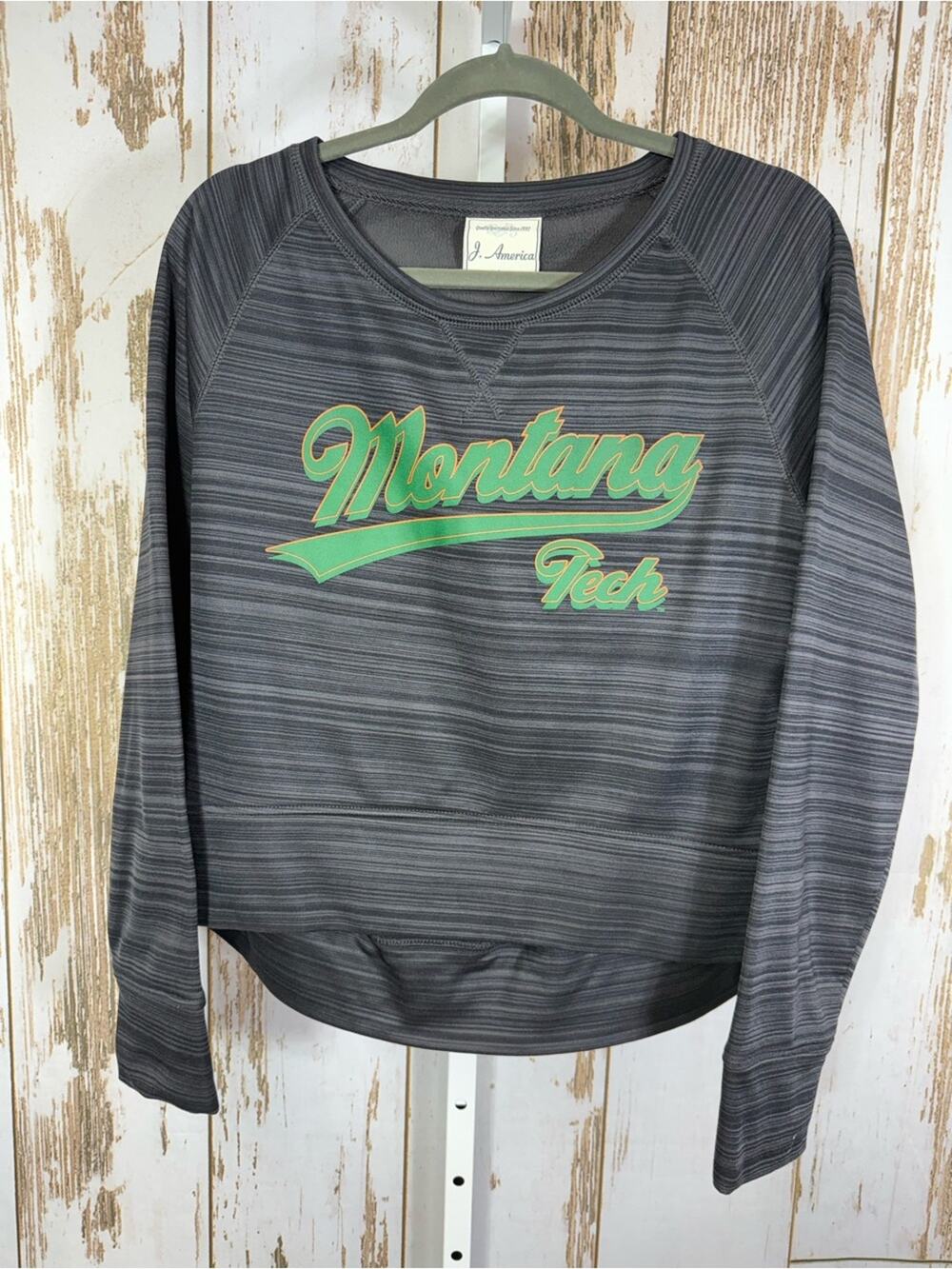 J. America, Charcoal Gray Cropped Pullover Sweatshirt Montana Tech. Size Large.